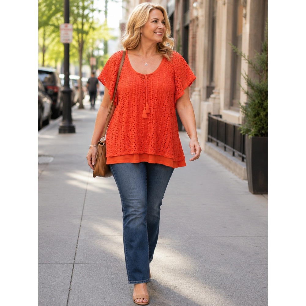 Signature Studio 3X Woman Orange Lace Crochet Tassel Blouse